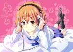  blonde_hair brown_eyes flower footwear hair_flower hair_ornament hanasaku_iroha headphones kitagawa_unagi lying matsumae_ohana on_stomach school_uniform serafuku short_hair smile socks yellow_eyes 