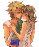  1girl bad_id blonde_hair blue_eyes blush choker couple earrings eye_contact face green_eyes hand_holding hand_on_shoulder hug ilia incipient_kiss jewelry link love nintendo penta5 pointy_ears short_hair the_legend_of_zelda twilight_princess 