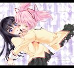  akemi_homura black_hair blush closed_eyes eyes_closed glomp hairband happy hug irori kaname_madoka letterboxed long_hair mahou_shoujo_madoka_magica multiple_girls open_mouth pink_hair purple_eyes school_uniform short_hair smile twintails violet_eyes 