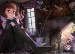  alice_(wonderland) alphonse_(white_datura) apron black_legwear blush book bottle brown_eyes brown_hair checkered checkered_floor cup english giantess leaf long_hair minigirl pantyhose scared sitting table teacup tears wariza 