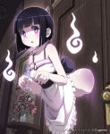  1girl :o bare_shoulders black_hair blush bottomless door flower ghost hitodama lena_(zoal) looking_at_viewer painting_(object) shingeki_no_bahamut short_hair solo table through_wall vase violet_eyes 