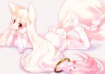  animal_ears arm_support chin_rest ech elbow_gloves female hands_on_cheeks hands_on_own_cheeks hands_on_own_face kyubey long_hair lying mahou_shoujo_madoka_magica on_stomach personification red_eyes tail thigh-highs thighhighs very_long_hair white_hair white_legwear zettai_ryouiki 