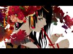  1girl black_hair flower hair_flower hair_ornament japanese_clothes kimono long_hair nanasie original plum_blossoms ribbon solo 