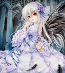  arm_behind_back biglove black_wings blade dagger doll_joints feather feathers finger_to_mouth flower highres knife long_hair purple_rose red_eyes rose rozen_maiden silver_hair solo suigintou traditional_media white_hair wings 