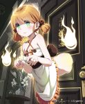  1girl blonde_hair blush bottomless door flower ghost green_eyes hitodama lena_(zoal) looking_at_viewer painting_(object) shingeki_no_bahamut smile solo table through_wall vase 