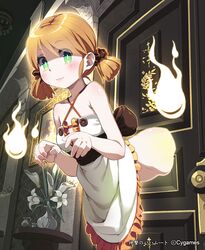  1girl blonde_hair blush bottomless door flower ghost green_eyes hitodama lena_(zoal) looking_at_viewer painting_(object) shingeki_no_bahamut smile solo table through_wall vase 