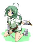  animal_ears belt blue_eyes dog_days dog_ears dog_tail dual_wielding eclair_martinozzi fingerless_gloves frown gloves green_eyes green_hair kneeling knife looking_at_viewer short_hair simple_background tail uniform vfenster weapon 