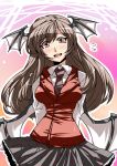  alternate_color alternate_costume alternate_hair_color arms_behind_back bat_wings blush breasts brown_hair frills head_wings highres koakuma large_breasts long_hair necktie plaid red_eyes skirt solo the_embodiment_of_scarlet_devil touhou tsuki_wani wings 