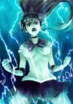  aqua bishoujo_senshi_sailor_moon circlet clenched_hands elbow_gloves fist gloves glowing glowing_hair green_eyes impossible_clothes impossible_clothing jewelry kino_makoto konowa lightning long_hair magical_girl open_mouth ponytail sailor_jupiter sailor_senshi skirt solo spark teeth 