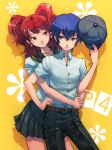  2girls androgynous belt blue_eyes blue_hair boyaking brown_eyes brown_hair earrings face hair_between_eyes hand_on_hip hat houndstooth hug hug_from_behind jewelry kujikawa_rise long_hair miniskirt multiple_girls pants persona persona_4 reverse_trap shirogane_naoto shirt short_hair short_sleeves simple_background skirt smile tomboy twintails 