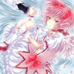  bad_id bubble_skirt choker curled_up gloves hand_holding holding_hands kaname_madoka lying magical_girl mahou_shoujo_madoka_magica miyuli on_side pink_eyes pink_hair puffy_sleeves shoes short_hair tears twintails water white_gloves wings 