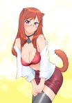  amelita_tremper animal_ears blush bra breasts brown_hair cleavage dog_days dog_ears dog_tail embarrassed glasses grey_legwear highres large_breasts lingerie long_hair open_clothes open_shirt pantyhose pantyhose_pull purple_eyes shirt skirt tail thighhighs ueyama_michirou underwear violet_eyes 