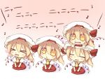  &gt;_&lt; :&lt; :3 =_= alternate_eye_color benauxi blonde_hair chibi chibi_on_head clone closed_eyes fang flandre_scarlet flapping four_of_a_kind_(touhou) hat hazuki_ruu multiple_girls multiple_persona open_mouth orange_eyes short_hair side_ponytail simple_background smile solo the_embodiment_of_scarlet_devil touhou translated wings x3 yellow_eyes 