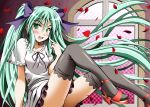  blush bow dress green_eyes green_hair hair_bow hatsune_miku high_heels legs long_hair nonoderawanaku shoes sitting solo thigh-highs thighhighs twintails very_long_hair vocaloid window world_is_mine_(vocaloid) 