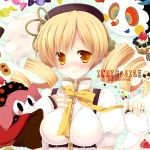  blonde_hair blush breasts bust cake charlotte_(madoka_magica) drill_hair fingerless_gloves food fruit gloves hand_on_own_chest hand_to_chest hat large_breasts magical_girl mahou_shoujo_madoka_magica natsume_eri smile strawberry tomoe_mami yellow_eyes 