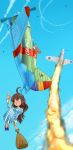  aerial_battle airplane battle bf_109 broom broom_riding cloud clouds commentary condensation_trail contrail dress fire flying inui_(jt1116) inui_(pixiv) long_hair military multiple_girls original polikarpov_i-16 sidesaddle sky smoke tears vapor_trail 
