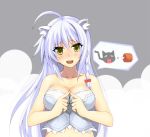  animal_ears bare_shoulders blush boned_meat bow braid breasts bustier cat cat_ears cathead cleavage dog_days fang food hair_bow hevn large_breasts leonmitchelli_galette_des_rois lingerie long_hair meat midriff open_mouth solo underwear white_hair yellow_eyes 
