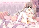  blush bow breasts brown_hair candy cat cleavage dress eating food fruit garter_straps hair_bow heart heart_pillow inugami_kira original pillow ribbon sitting solo strawberry thigh-highs thighhighs twintails white_dress white_legwear 