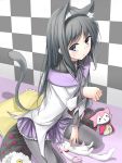  :3 akemi_homura animal_ears black_hair black_legwear blood blush cat_ears cat_pose character_doll charlotte_(madoka_magica) doll grey_eyes hairband highres kemonomimi_mode kyubey mahou_shoujo_madoka_magica nosebleed on_back pantyhose paw_pose pillow plush_toy pool_of_blood sitting solo tanakahazime tiles upskirt 