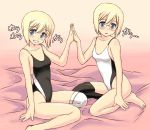  blonde_hair competition_swimsuit erica_hartmann glasses hands highleg miritsu mirutsu_(milts) one-piece_swimsuit short_hair siblings sisters strike_witches swimsuit translated twins ursula_hartmann 