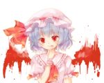  ascot bad_id blood blood_wings blue_hair blush brooch bust hat hat_ribbon jewelry mitsu_(173014) red_eyes remilia_scarlet ribbon short_hair solo touhou wings wrist_cuffs 