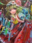  aboooo bad_id blonde_hair bow flandre_scarlet hat hat_bow looking_at_viewer oil_painting_(medium) red_eyes short_hair slit_pupils solo the_embodiment_of_scarlet_devil touhou traditional_media wings 