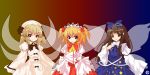  alphes_(style) blonde_hair bow brown_hair dress fairy fairy_wars hair_bow hat headdress hime_cut kaoru_(gensou_yuugen-an) luna_child multiple_girls parody ribbon short_hair short_twintails simple_background smile star star_sapphire style_parody sunny_milk touhou twintails wings 