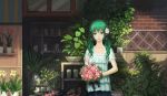  bangs bouquet bow bowl brick dress fern flower flowers fly gjred green_eyes green_hair hair_flower hair_ornament hatsune_miku highres holding low_twintails palm_tree pink_rose pot rose shelves smile solo standing tree tulip twintails vocaloid 