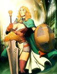  bird black_legwear blonde_hair breasts cape cathedral cleavage genzoman shield sword weapon 