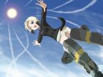  blonde_hair blue_eyes condensation_trail contrail erica_hartmann flying highres mackey_(mthc_riku) military military_uniform multicolored_hair open_mouth outstretched_arms panties short_hair sky strike_witches striker_unit sun tail two-tone_hair underwear uniform wink 