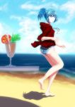  adult alternate_costume alternate_hairstyle bad_id bare_legs barefoot beach blue_eyes blue_hair blue_sky blurry cirno cloud clouds cup depth_of_field drink highres hooded_jacket looking_back ponytail shadow short_hair sideways sky sleeves_pushed_up sola7764 solo striped striped_swimsuit swimsuit table touhou wings 