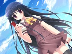  black_hair game_cg kanekiyo_miwa long_hair natsu_no_ame phone red_eyes segawa_rikako seifuku thigh-highs thighhighs 