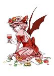  bad_id barefoot bow cup dress fang flower grin hat hat_bow hat_flower hounori open-back_dress orange_rose petals pink_eyes pink_hair pink_rose remilia_scarlet rose rose_petals short_hair short_sleeves sitting smile solo touhou vines wariza white_rose wine_glass wings yellow_rose 