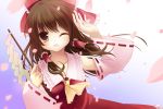  bad_id bow brown_eyes brown_hair cherry_blossoms detached_sleeves gohei hair_bow hair_tubes hakurei_reimu long_hair miko shiramori_yuse solo touhou wink yuse 