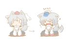  &gt;_&lt; animal_ears blue_skirt chibi dekasudachin detached_sleeves fang hand_on_head hat heart inubashiri_momiji midriff open_mouth petting shirt short_hair silver_hair simple_background sitting solo tail tail_wagging tokin_hat touhou white_shirt wolf_ears wolf_tail |_| 