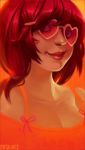  bare_shoulders breasts cleavage collarbone copyright_request face heart-shaped_glasses lips lipstick loish looking_at_viewer makeup original portrait red_hair redhead smile solo watermark 