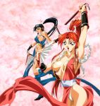  alternate_color arms_up black_hair blue_hair breasts dual_persona dual_wielding fatal_fury highres king_of_fighters large_breasts long_hair official_art oobari_masami panties ponytail red_hair redhead shiranui_mai sideboob snk thong underwear 