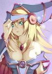  aqua_eyes bare_shoulders blonde_hair blush breasts choker cleavage dark_magician_girl detached_sleeves duel_monster hat hexagon hexagram highres kagamine-ikka long_hair pentacle purple_background solo yu-gi-oh! yuu-gi-ou yuu-gi-ou_duel_monsters 