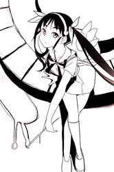  backpack bag bakemonogatari child_drawing hachikuji_mayoi looking_up monochrome monogatari_(series) sitting snail solo sorethroat twintails 