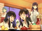  4girls arcana_heart black_hair blush breasts face hair_ribbon hidari_(left_side) highres japanese_clothes kasuga_koito kasuga_kouta kasuga_maori kasuga_tsuzune large_breasts long_hair miko multiple_girls open_mouth ribbon siblings sisters teapot twins washpan 