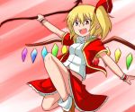  1girl alternate_costume blonde_hair fangs flandre_scarlet jacket katsumi5o laevatein no_hat open_mouth red_eyes side_ponytail smile solo touhou wings 