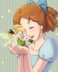  acorn bare_back blonde_hair blush bow brown_hair cup curly_hair disney dress galibo hair_bow hair_bun hair_ornament lips multiple_girls peter_pan peter_pan_(disney) ponytail smile star striped teapot tinker_bell_(disney) tinkerbell wendy wendy_(disney) wendy_darling 