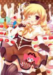  ;d azumi_kazuki blonde_hair blush charlotte_(madoka_magica) drill_hair finger_to_mouth fingerless_gloves gloves hat highres long_hair magical_girl mahou_shoujo_madoka_magica open_mouth smile thigh-highs thighhighs tomoe_mami twin_drills wink witch's_labyrinth yellow_eyes 