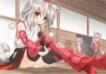  akadume animal_ears armor hat inubashiri_momiji multiple_girls panties pantyshot pantyshot_(sitting) pantyshot_sitting short_hair silver_hair sitting tail thighhighs tokin_hat touhou underwear white_hair wolf_ears wolf_tail yellow_eyes zettai_ryouiki 