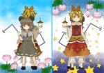  animal_ears back-to-back bad_id black_hair blonde_hair blush dowsing_rod dress flower grey_hair hair_ornament jeweled_pagoda jewelry lantern mouse mouse_ears mouse_tail multicolored_hair multiple_girls nazrin pendant red_eyes short_hair star tail tiger_print toramaru_shou touhou two-tone_hair yellow_eyes 