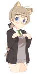  absurdres ahoge animal_ears blazer blue_eyes blush braid brown_hair cat_ears cropped_legs hands_on_own_chest highres lynette_bishop necktie no_pants oza_watto single_braid solo strike_witches sweater_vest 