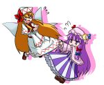  &gt;_&lt; 2girls :&lt; blonde_hair bow chibi closed_eyes crescent dress hair_bow hat katsumi5o lily_white long_hair multiple_girls open_mouth patchouli_knowledge pulling purple_hair ribbon touhou violet_eyes wings 