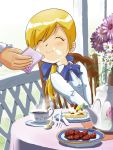  bow cake chair closed_eyes cream cup dish eyes_closed flower food food_on_face fork hair_bow hair_ribbon handkerchief hands inui_(jt1116) inui_(pixiv) original ribbon sitting smile spoon steam sweets teacup teapot wiping_face witch 