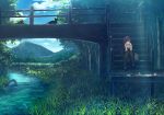  bakemonogatari black_cat black_legwear bridge cat coffee-kizoku grass jewelry landscape long_hair marsh monogatari_(series) necklace purple_hair river scenery senjougahara_hitagi sitting solo stairs thighhighs tree 