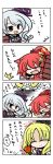  4koma ^_^ blonde_hair blue_eyes blush closed_eyes comic eating_contest eyes_closed fang food hair_ornament highres horns open_mouth pixiv_fantasia pixiv_fantasia_5 red_hair redhead silver_hair smile tongs translated translation_request yanagi_(artist) yanagi_(nurikoboshi) 